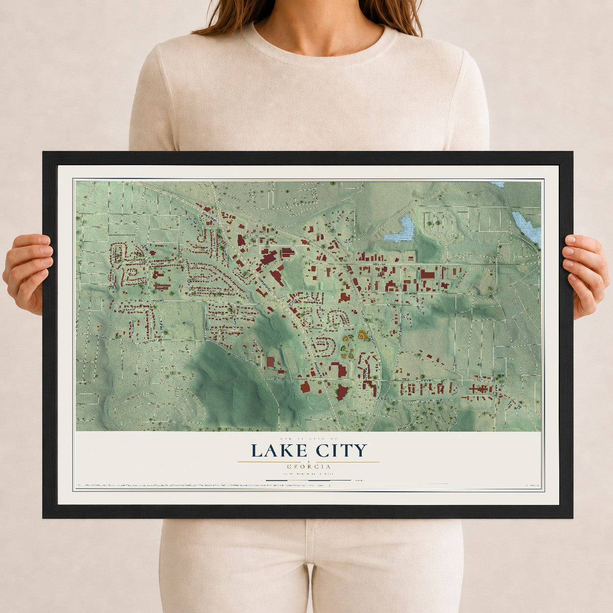 Lake City, Georgia map print, 12" x 18" W/ Black Ayous Wood Frame mockup