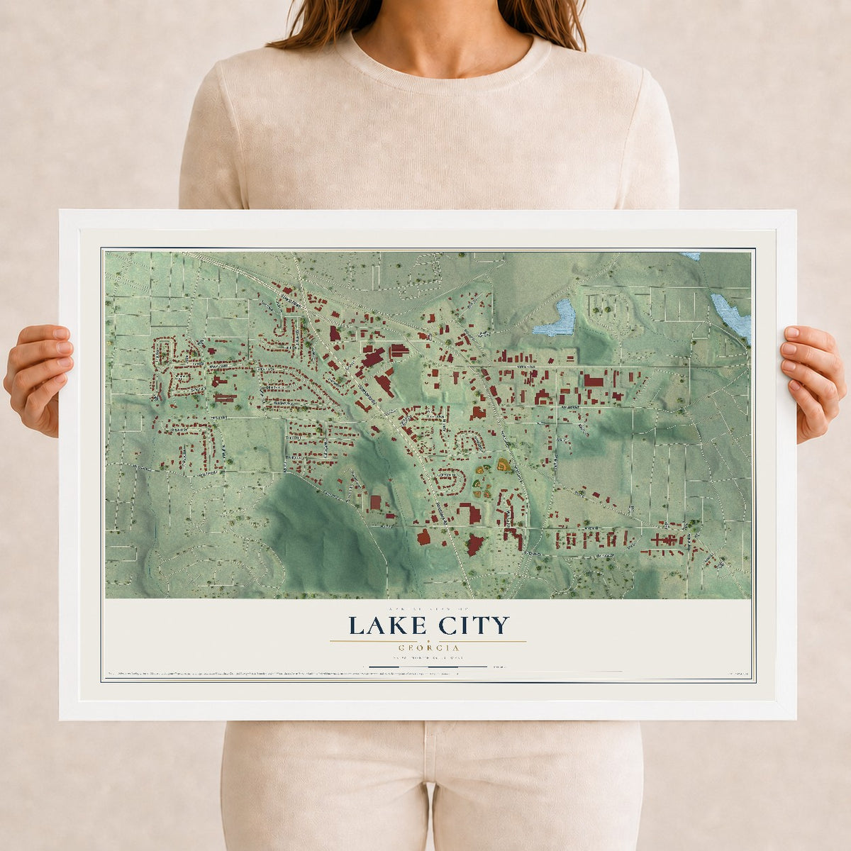 Lake City, Georgia map print, 12" x 18" W/ White Ayous Wood Frame mockup