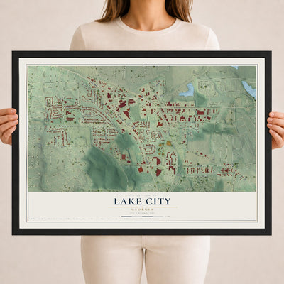 Lake City, Georgia map print, 18" x 24" W/ Black Ayous Wood Frame mockup
