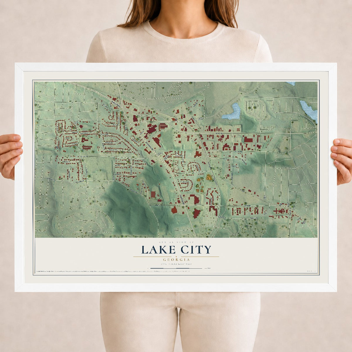 Lake City, Georgia map print, 18" x 24" W/ White Ayous Wood Frame mockup