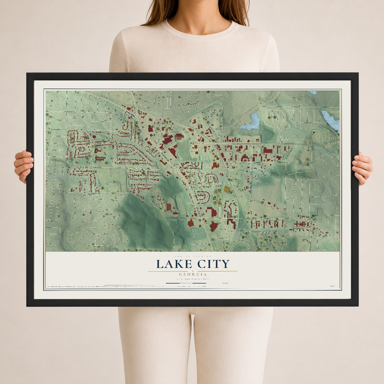 Lake City, Georgia map print, 24" x 36" W/ Black Ayous Wood Frame mockup