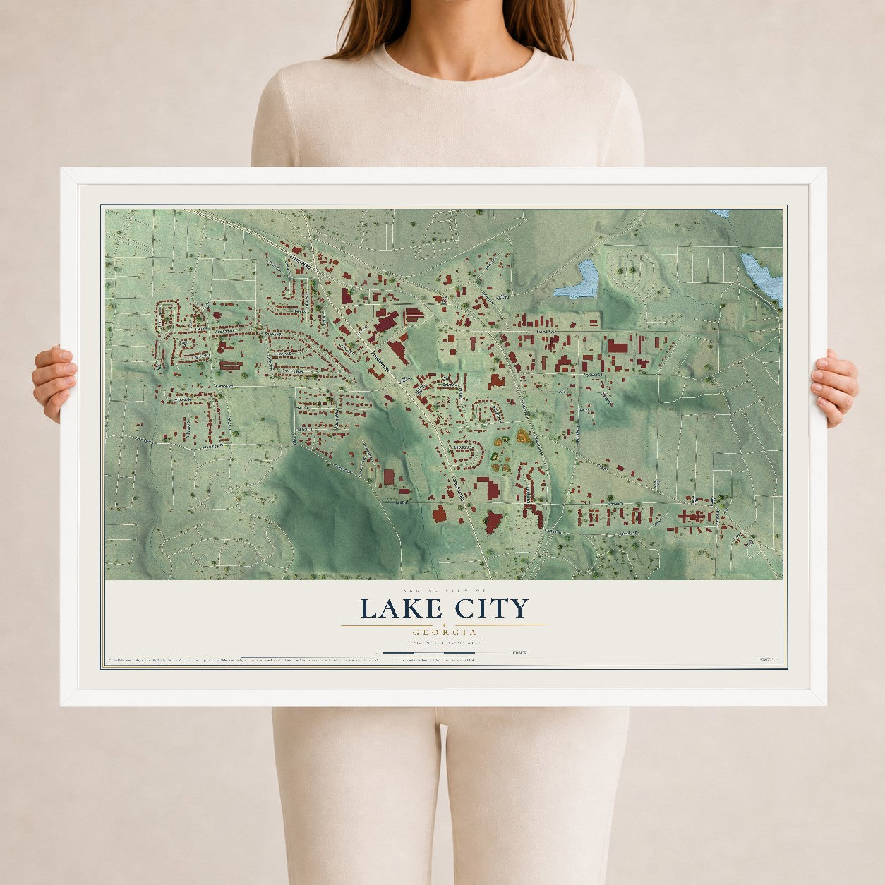 Lake City, Georgia map print, 24" x 36" W/ White Ayous Wood Frame mockup
