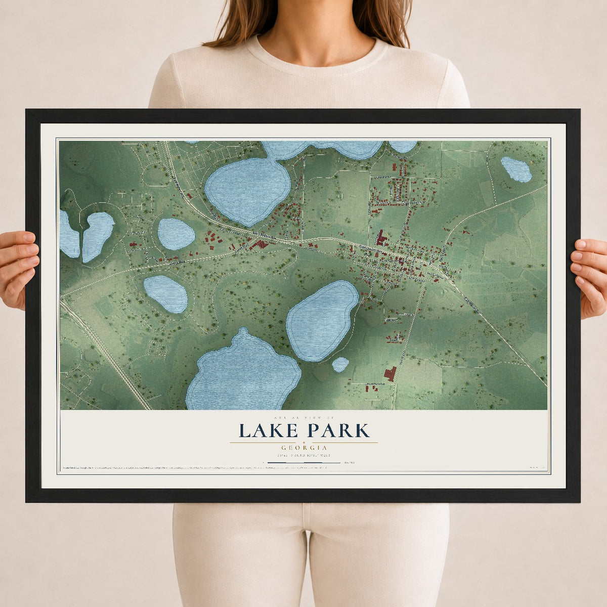 Lake Park, Georgia map print, 18" x 24" W/ Black Ayous Wood Frame mockup