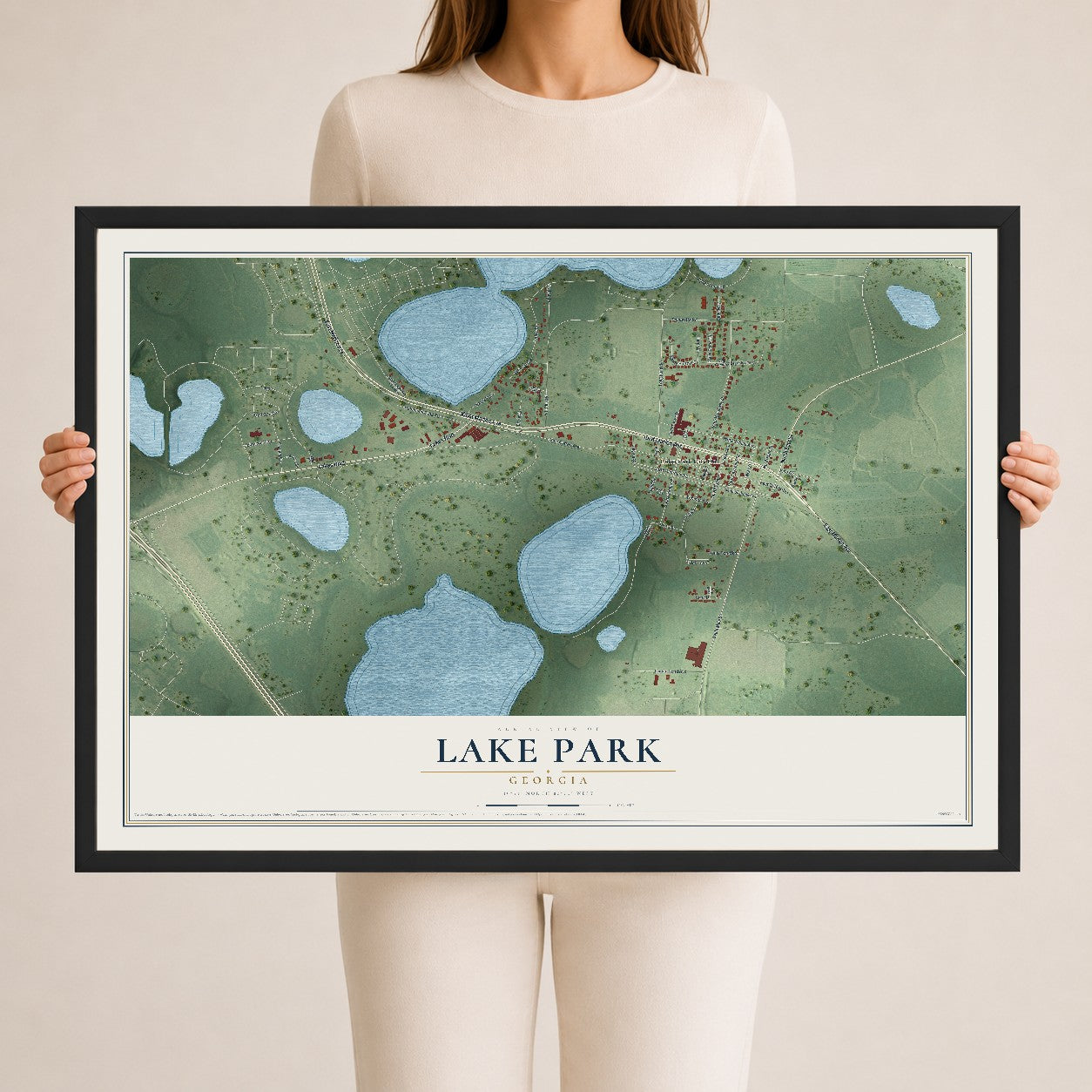 Lake Park, Georgia map print, 24" x 36" W/ Black Ayous Wood Frame mockup