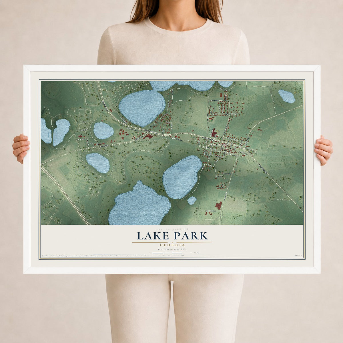 Lake Park, Georgia map print, 24" x 36" W/ White Ayous Wood Frame mockup