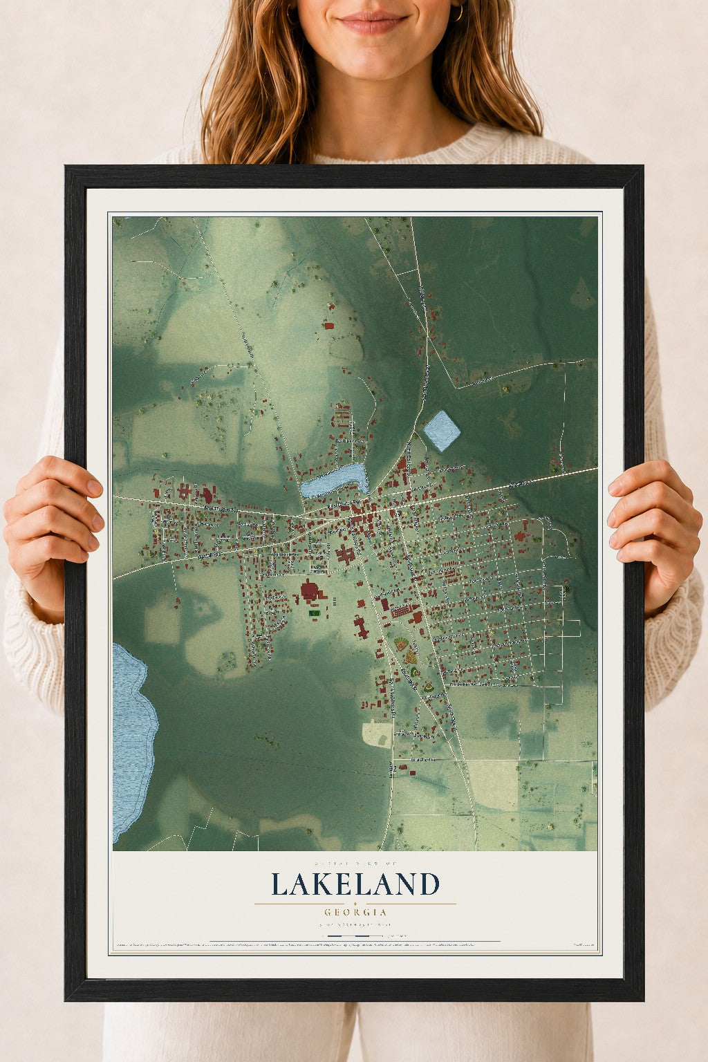 Lakeland, Georgia map print, 18" x 24" W/ Black Ayous Wood Frame mockup