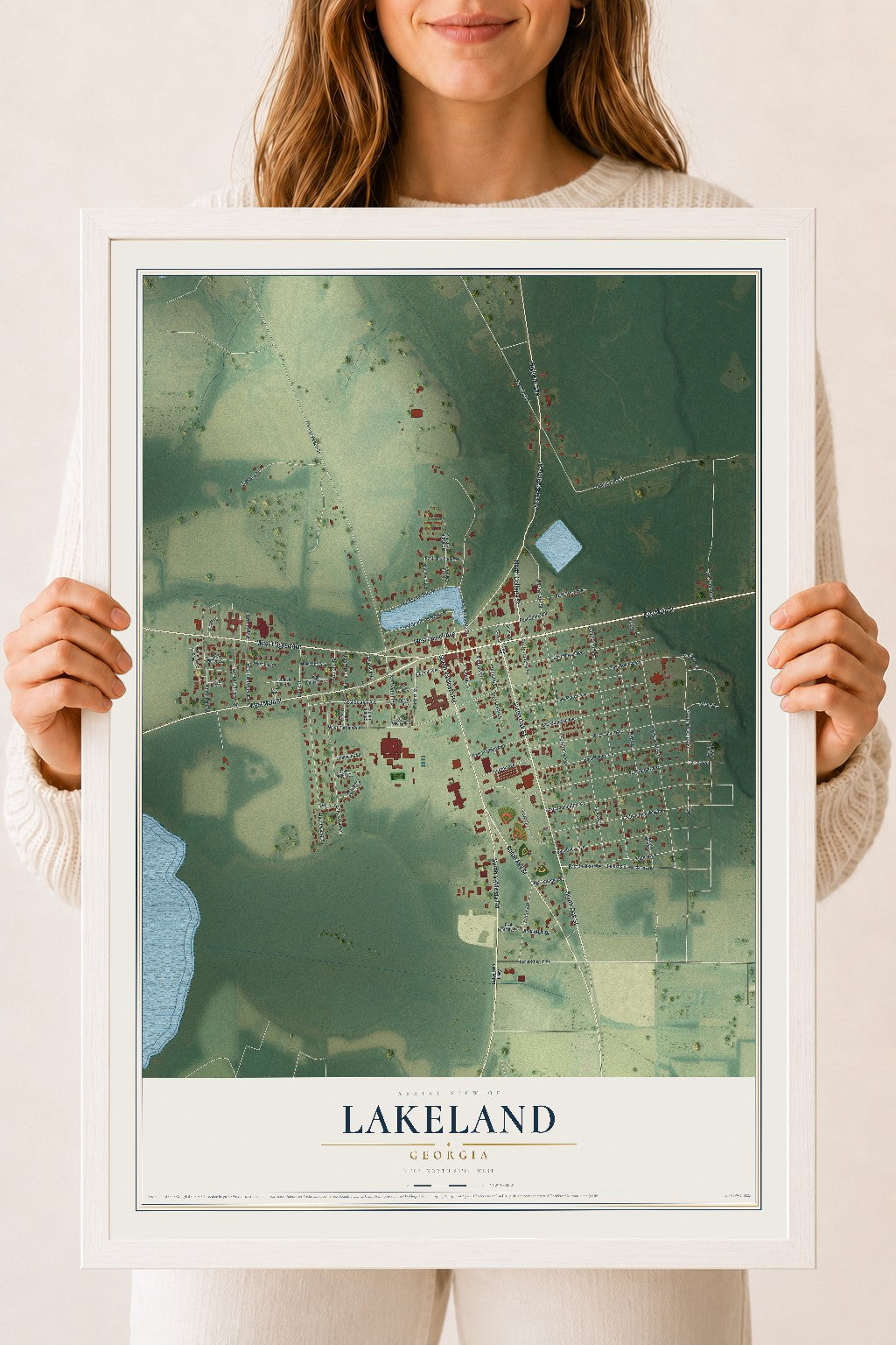 Lakeland, Georgia map print, 18" x 24" W/ White Ayous Wood Frame mockup
