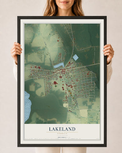 Lakeland, Georgia map print, 24" x 36" W/ Black Ayous Wood Frame mockup