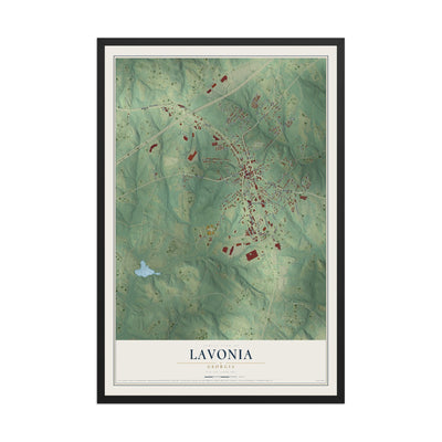 Lavonia, Georgia map print, 12" x 18" W/ Black Ayous Wood Frame mockup