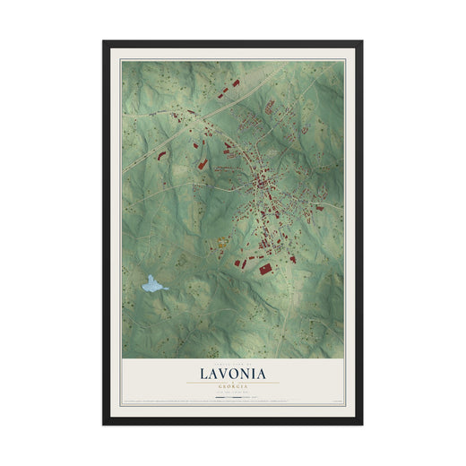 Map of Lavonia, Georgia, 12 x 18 inch print in a black wood frame