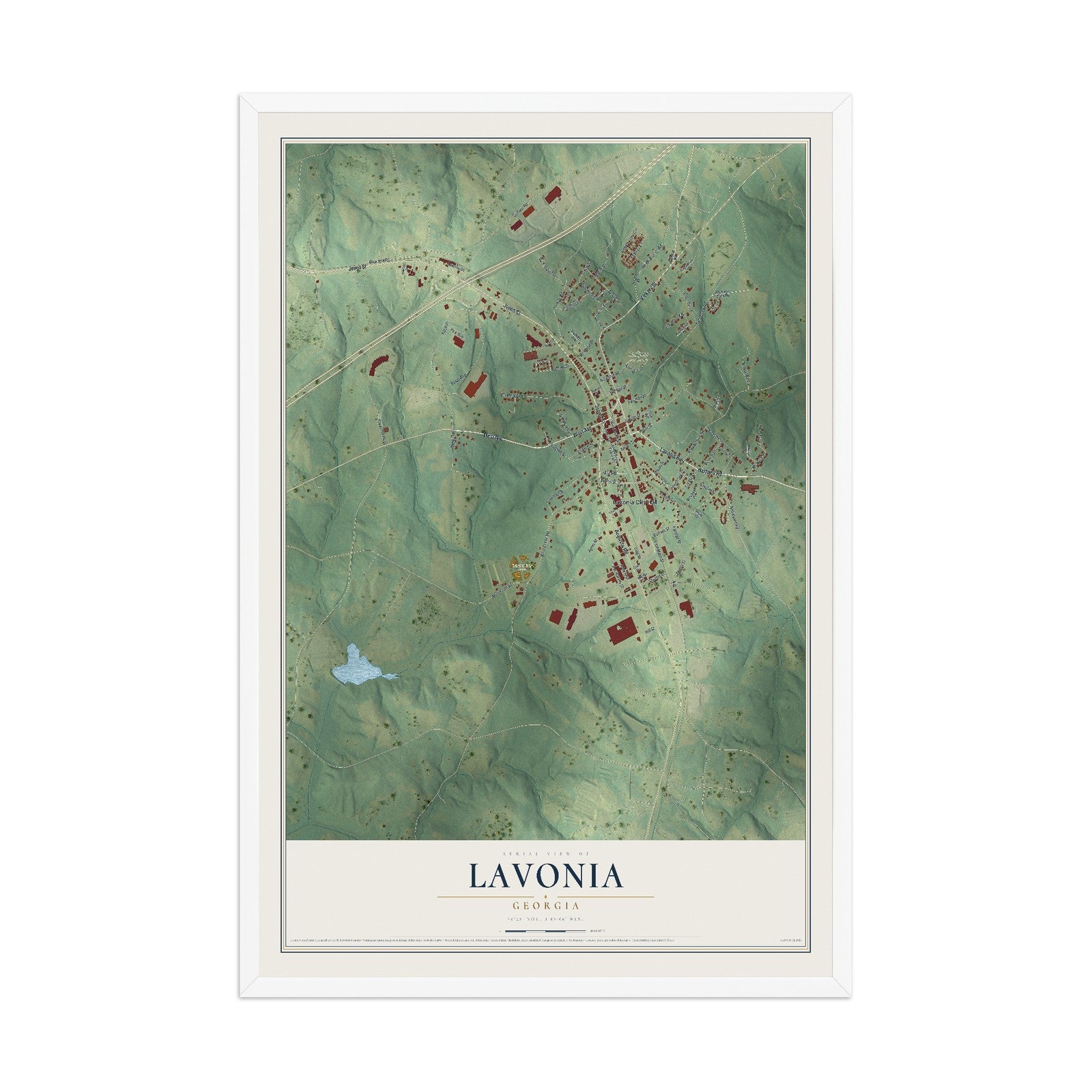 Lavonia, Georgia map print, 12" x 18" W/ White Ayous Wood Frame mockup
