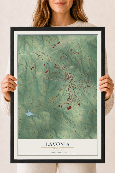 Lavonia, Georgia map print, 18" x 24" W/ Black Ayous Wood Frame mockup