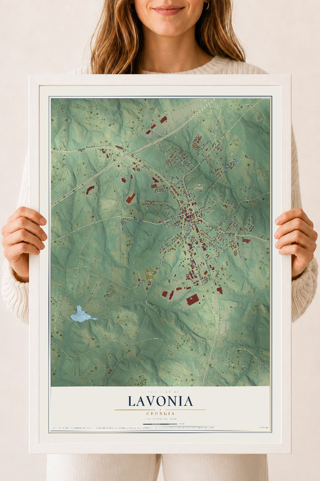 Lavonia, Georgia map print, 18" x 24" W/ White Ayous Wood Frame mockup