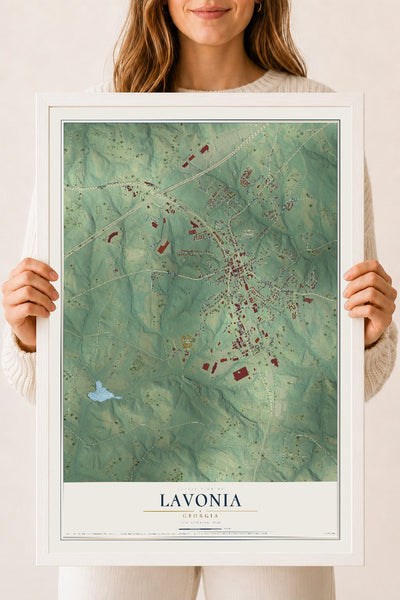 Lavonia, Georgia map print, 18" x 24" W/ White Ayous Wood Frame mockup