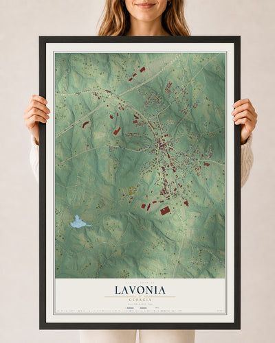 Lavonia, Georgia map print, 24" x 36" W/ Black Ayous Wood Frame mockup
