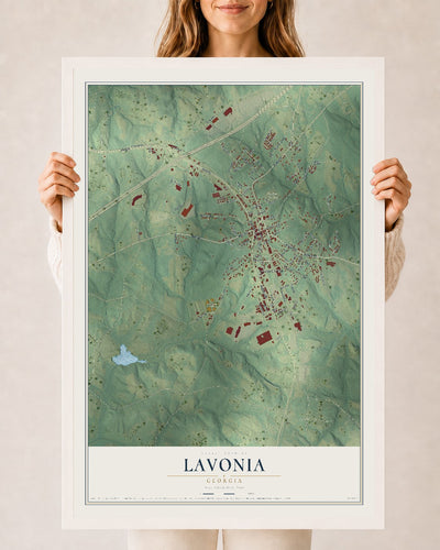 Lavonia, Georgia map print, 24" x 36" W/ White Ayous Wood Frame mockup