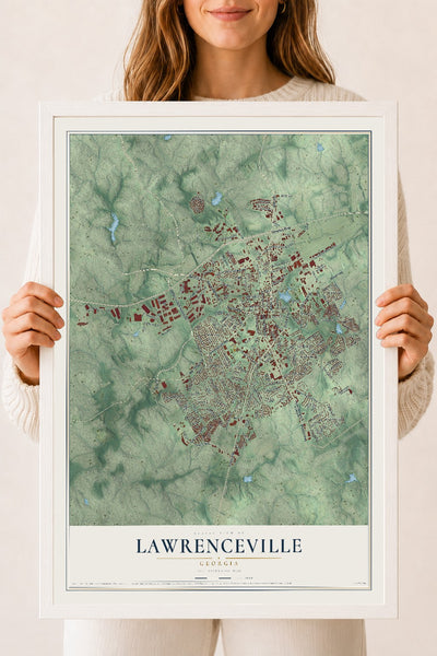 Lawrenceville, Georgia map print, 18" x 24" W/ White Ayous Wood Frame mockup