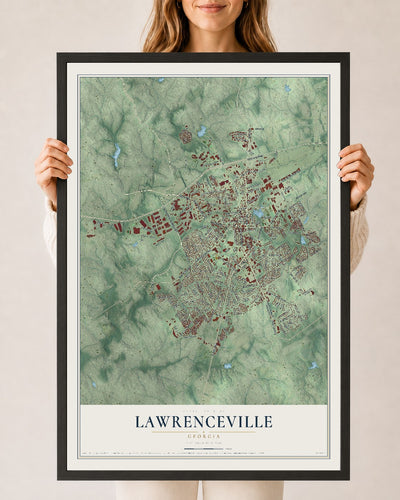 Lawrenceville, Georgia map print, 24" x 36" W/ Black Ayous Wood Frame mockup