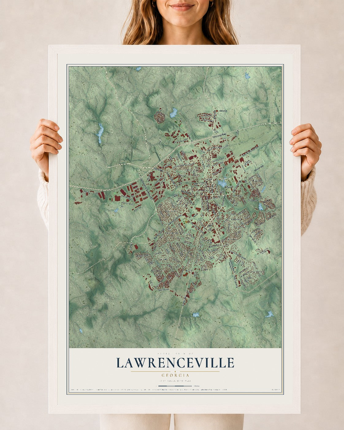 Lawrenceville, Georgia map print, 24" x 36" W/ White Ayous Wood Frame mockup