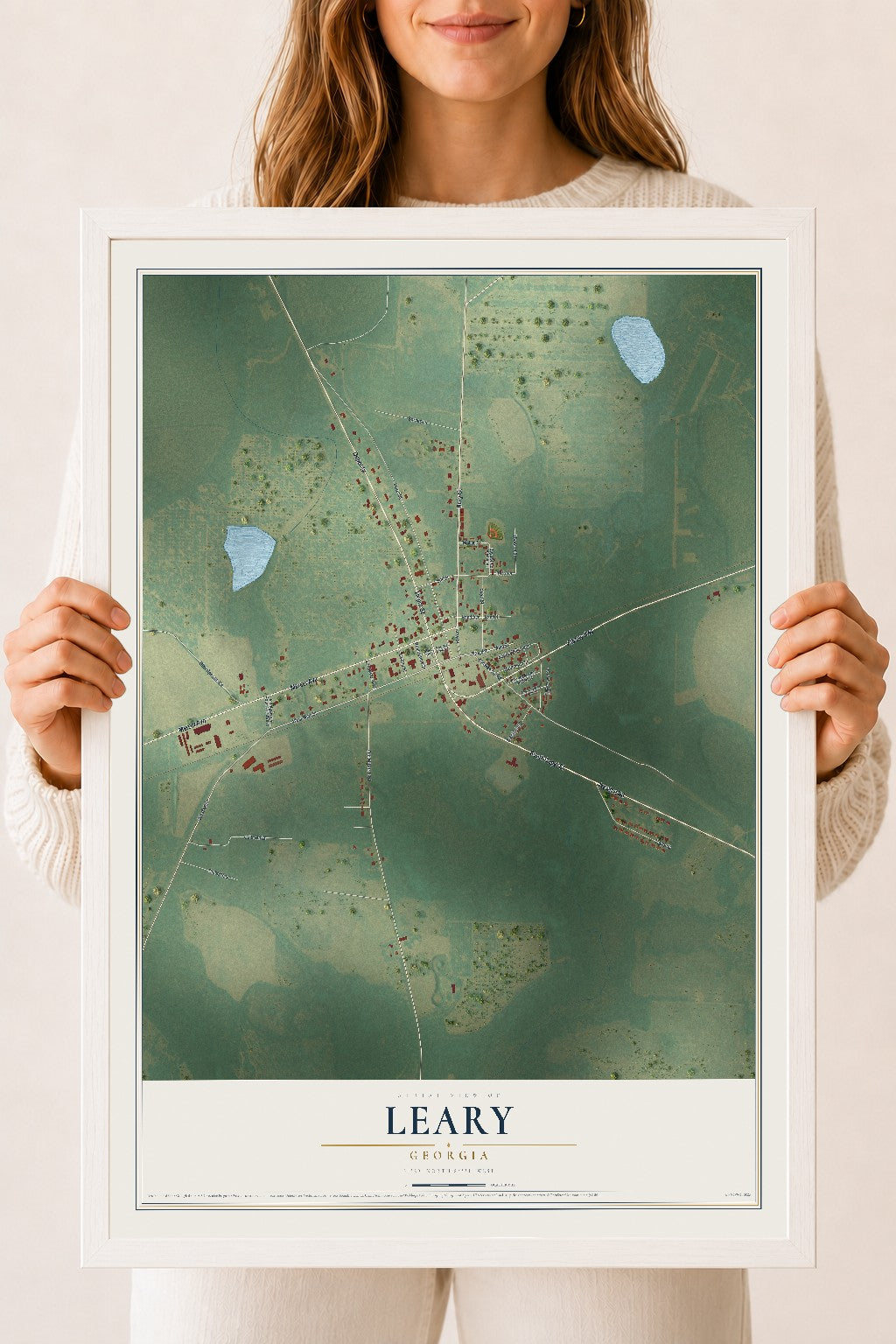 Leary, Georgia map print, 18" x 24" W/ White Ayous Wood Frame mockup