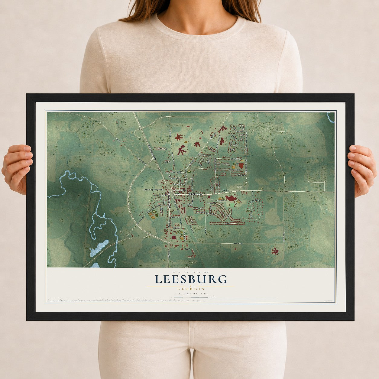 Leesburg, Georgia map print, 12" x 18" W/ Black Ayous Wood Frame mockup