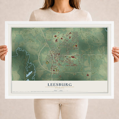 Leesburg, Georgia map print, 18" x 24" W/ White Ayous Wood Frame mockup