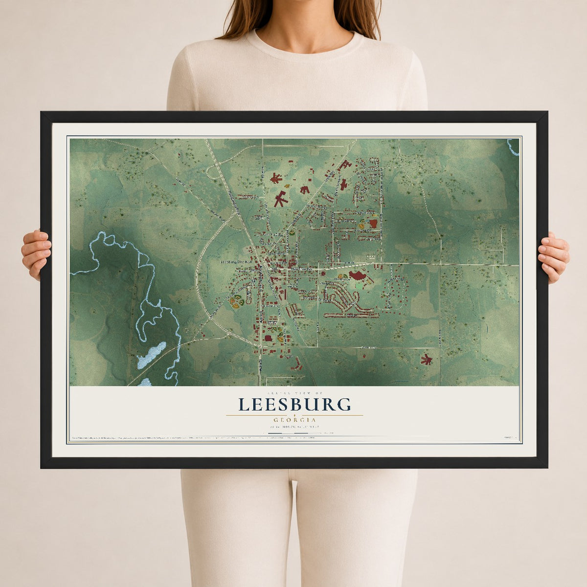 Leesburg, Georgia map print, 24" x 36" W/ Black Ayous Wood Frame mockup