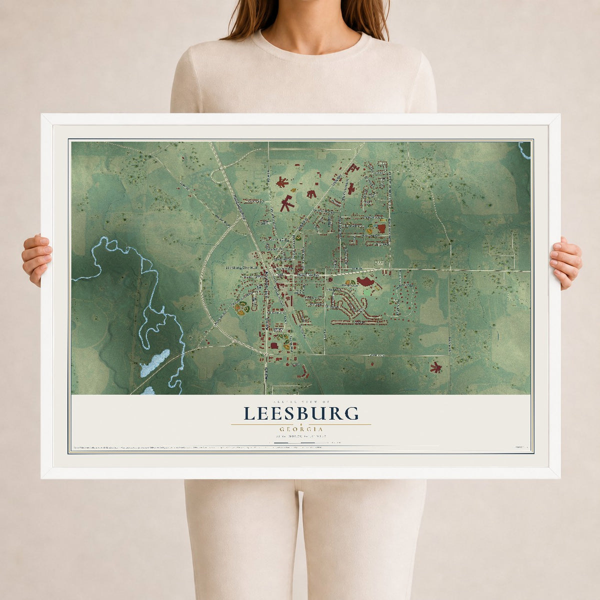Leesburg, Georgia map print, 24" x 36" W/ White Ayous Wood Frame mockup
