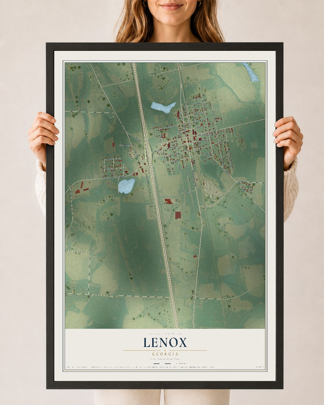 Lenox, Georgia map print, 24" x 36" W/ Black Ayous Wood Frame mockup
