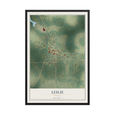 Leslie, Georgia map print, 12" x 18" W/ Black Ayous Wood Frame mockup