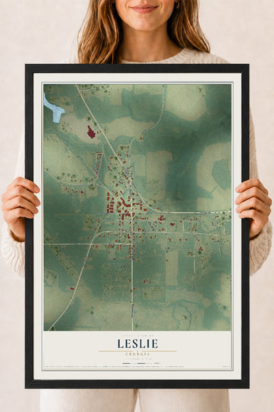 Leslie, Georgia map print, 18" x 24" W/ Black Ayous Wood Frame mockup