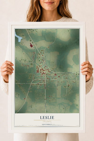 Leslie, Georgia map print, 18" x 24" W/ White Ayous Wood Frame mockup