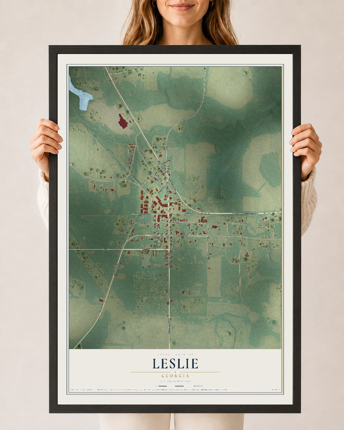 Leslie, Georgia map print, 24" x 36" W/ Black Ayous Wood Frame mockup