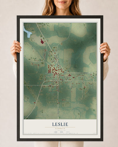 Leslie, Georgia map print, 24" x 36" W/ Black Ayous Wood Frame mockup