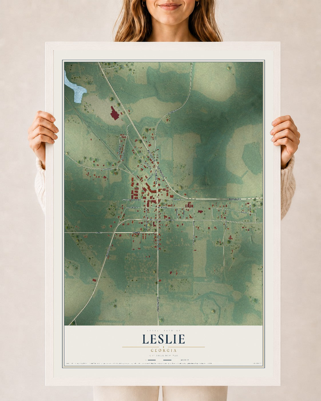 Leslie, Georgia map print, 24" x 36" W/ White Ayous Wood Frame mockup