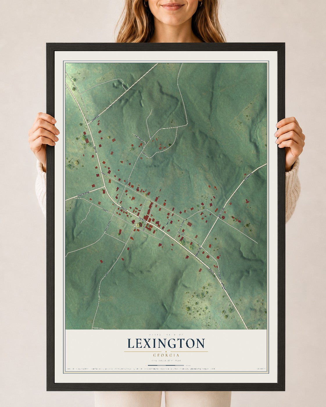 Lexington, Georgia map print, 24" x 36" W/ Black Ayous Wood Frame mockup