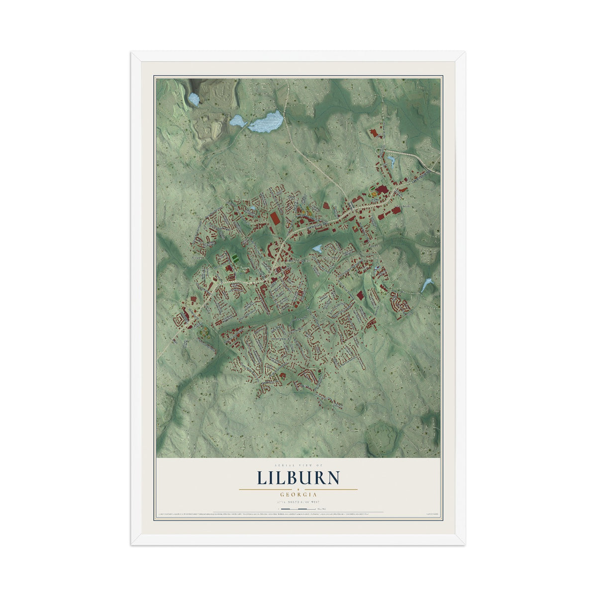 Lilburn, Georgia map print, 12" x 18" W/ White Ayous Wood Frame mockup
