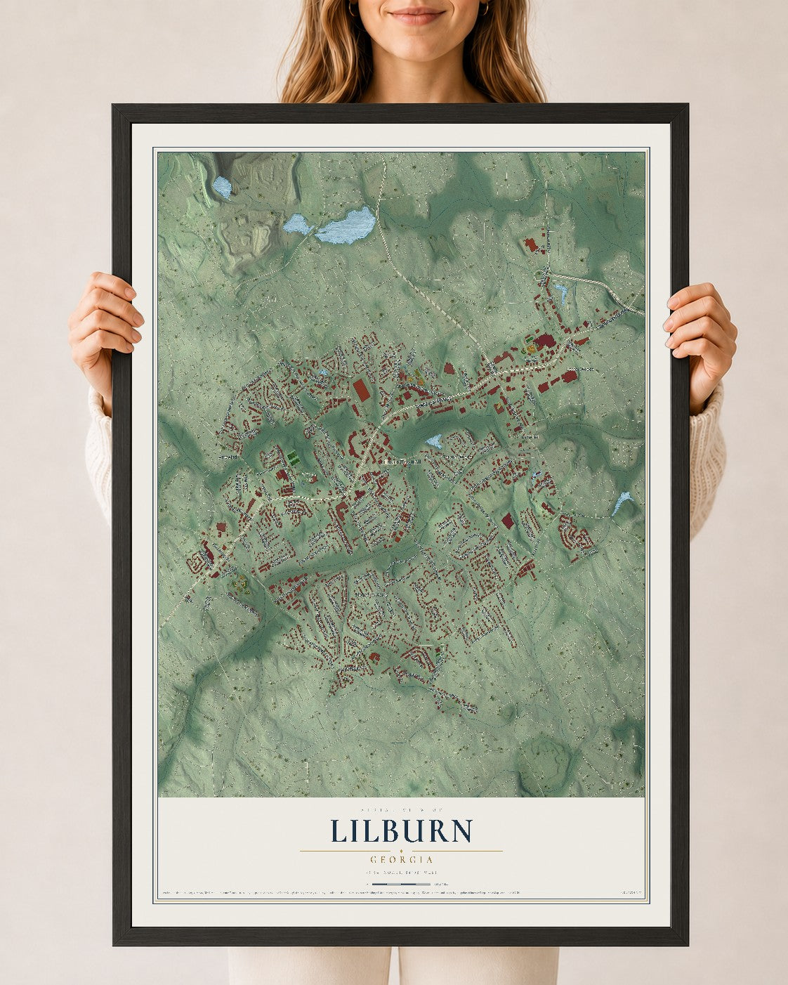 Lilburn, Georgia map print, 24" x 36" W/ Black Ayous Wood Frame mockup