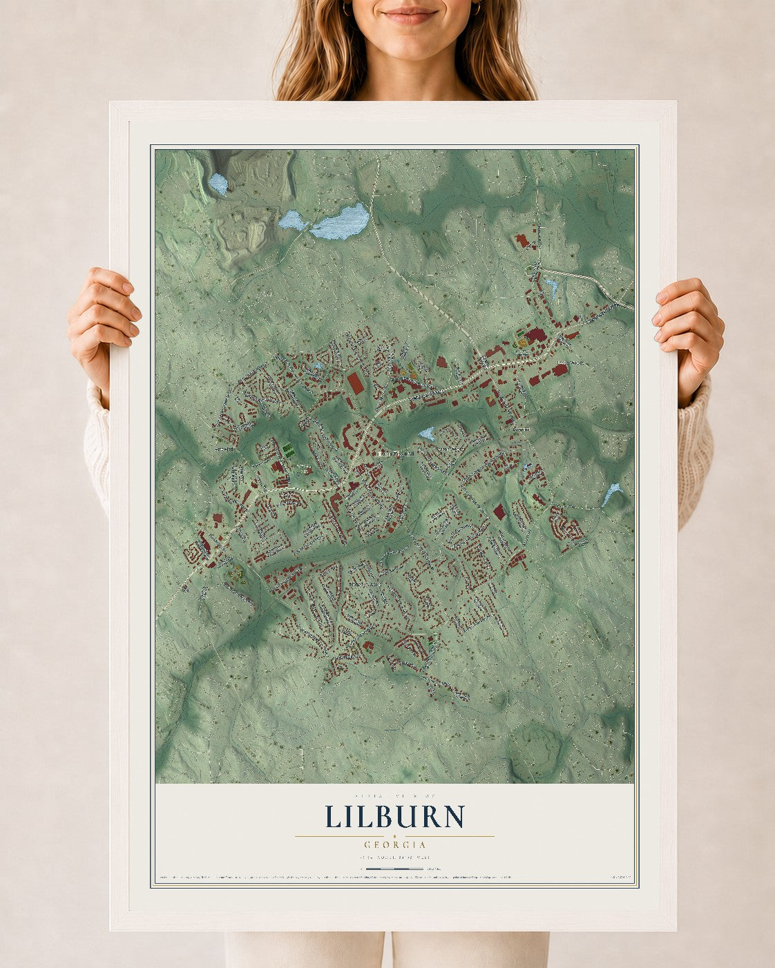 Lilburn, Georgia map print, 24" x 36" W/ White Ayous Wood Frame mockup