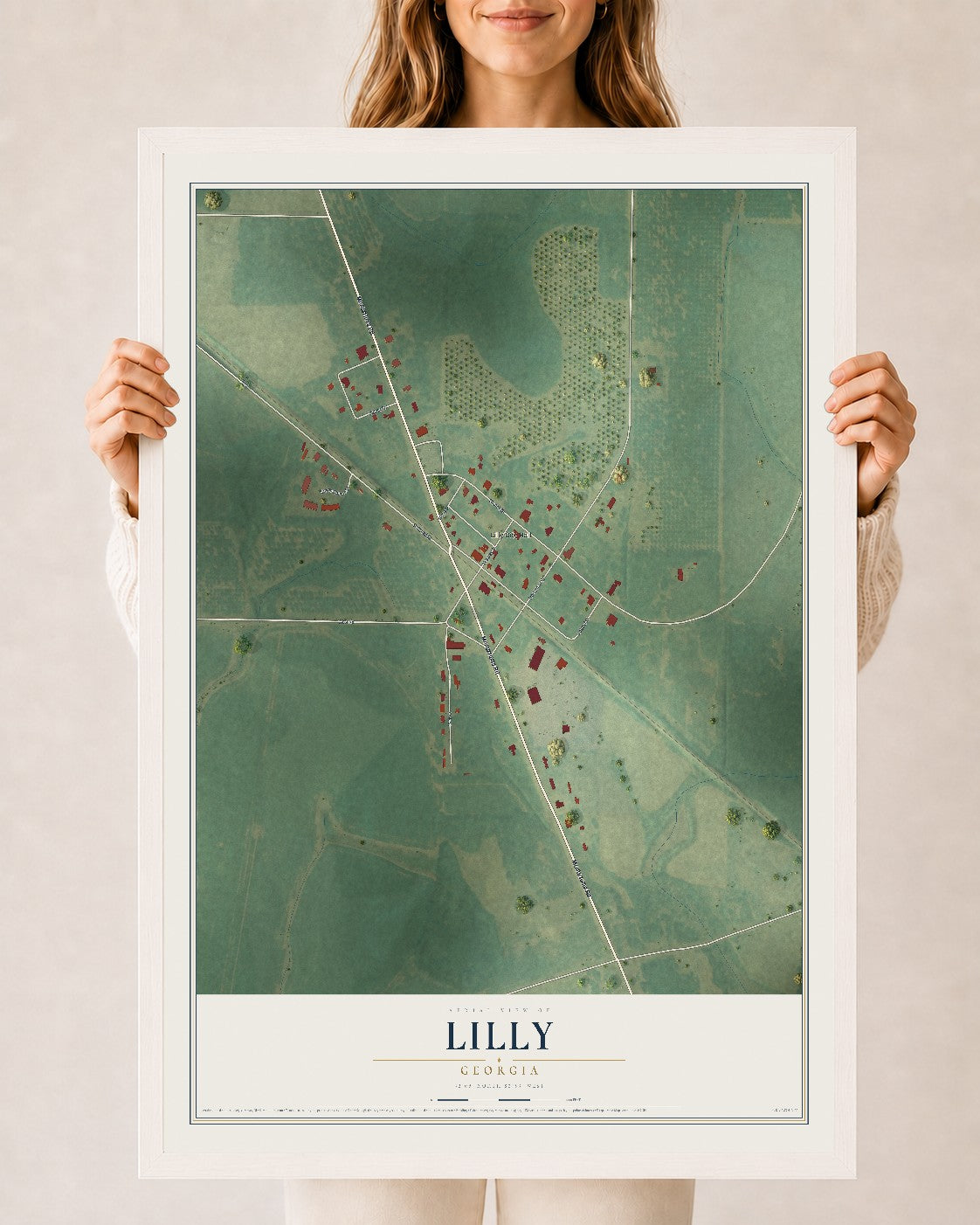 Lilly, Georgia map print, 24" x 36" W/ White Ayous Wood Frame mockup