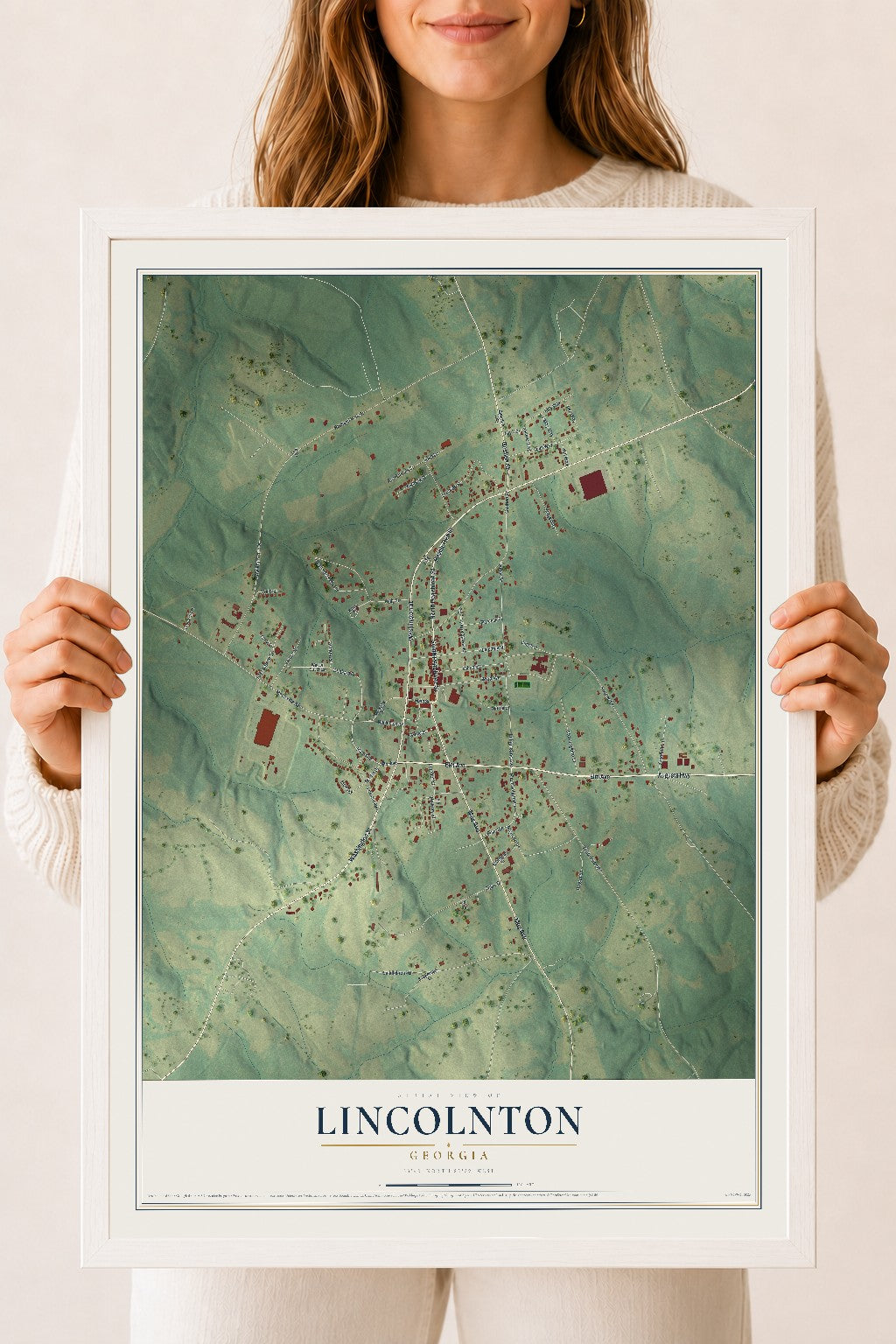 Lincolnton, Georgia map print, 18" x 24" W/ White Ayous Wood Frame mockup