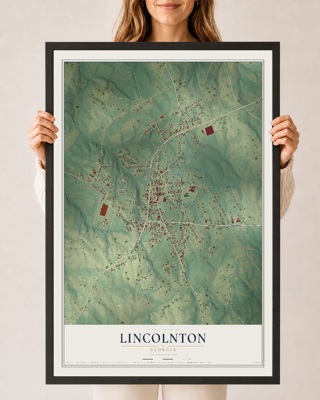 Lincolnton, Georgia map print, 24" x 36" W/ Black Ayous Wood Frame mockup