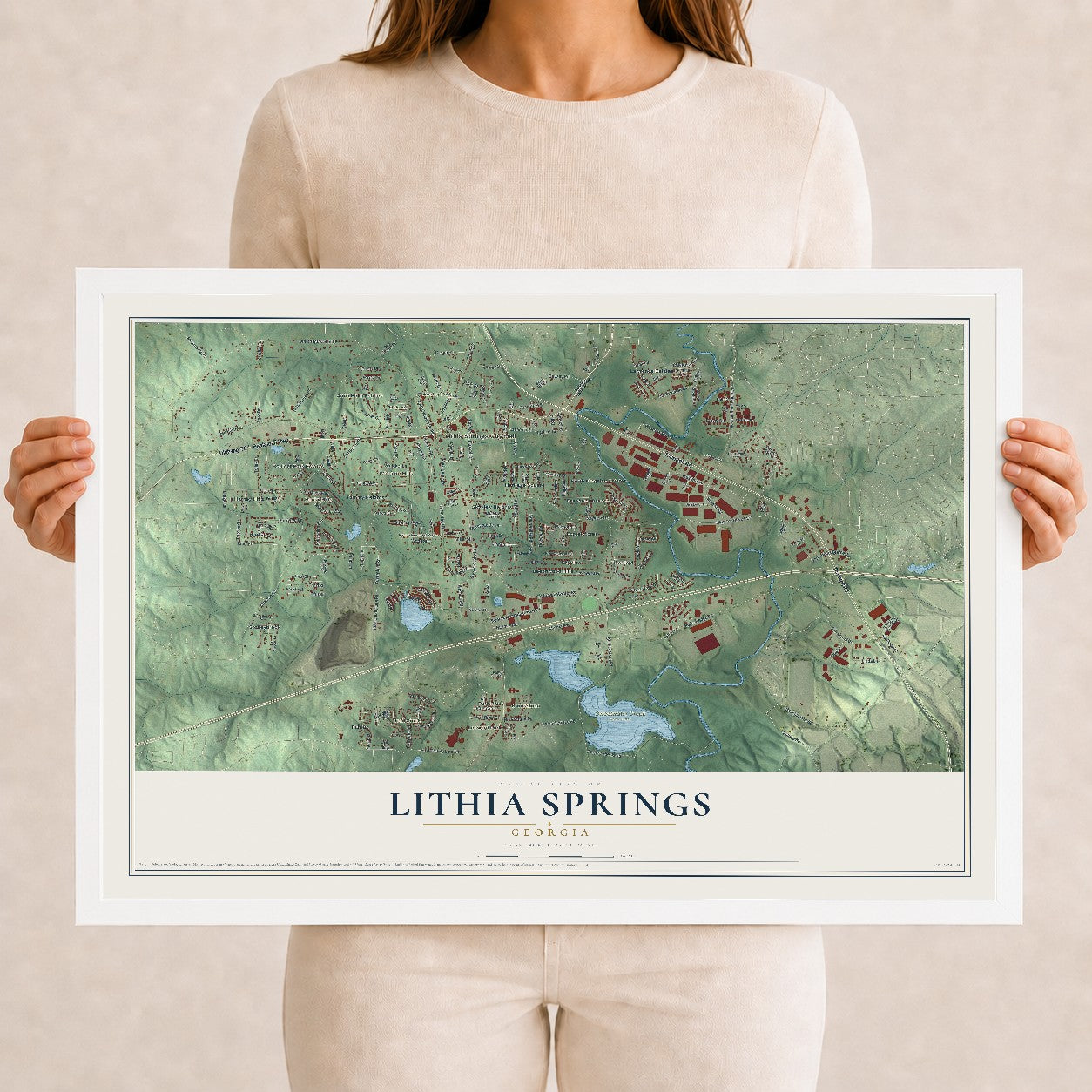 Lithia Springs, Georgia map print, 12" x 18" W/ White Ayous Wood Frame mockup