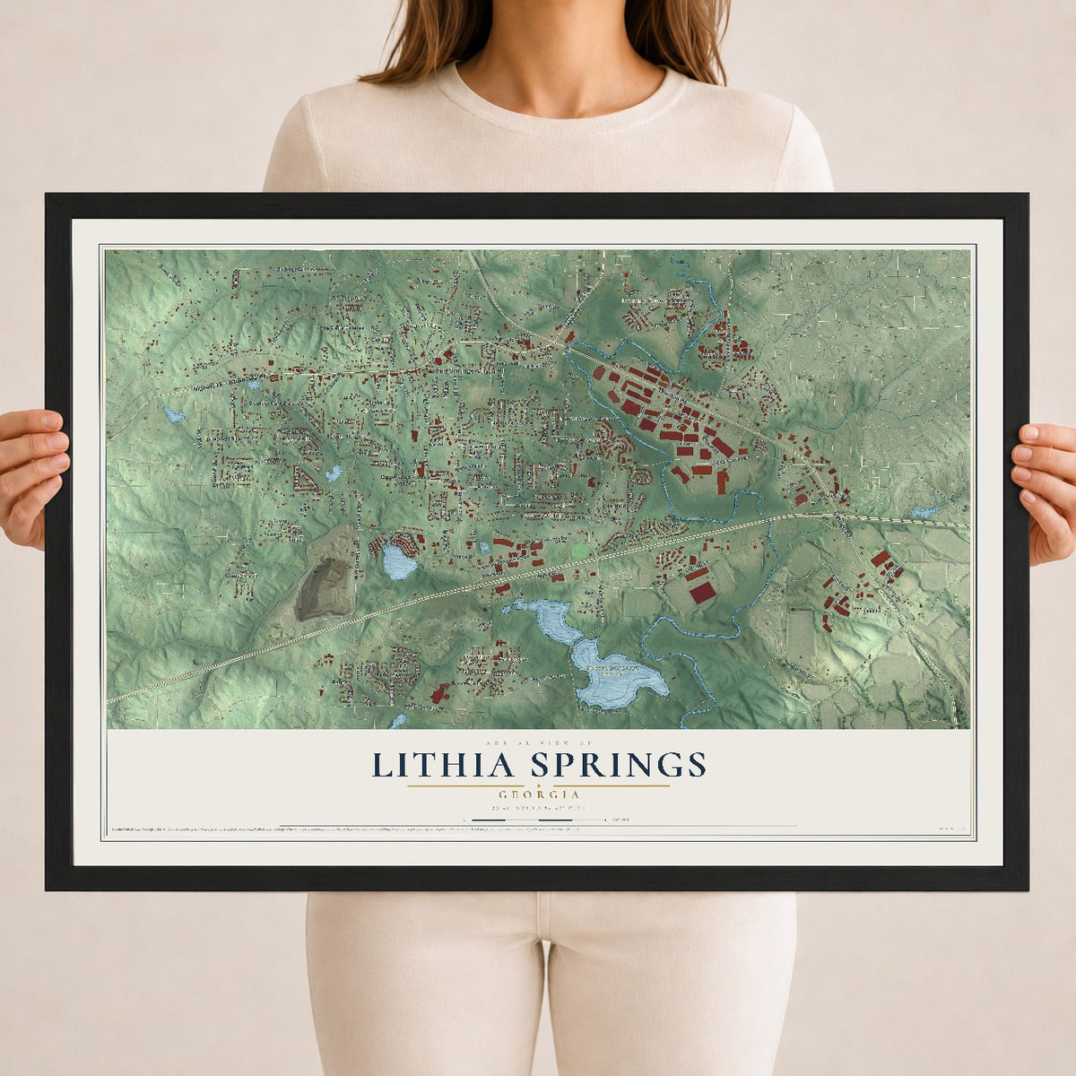Lithia Springs, Georgia map print, 18" x 24" W/ Black Ayous Wood Frame mockup