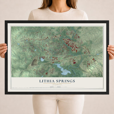 Lithia Springs, Georgia map print, 18" x 24" W/ Black Ayous Wood Frame mockup
