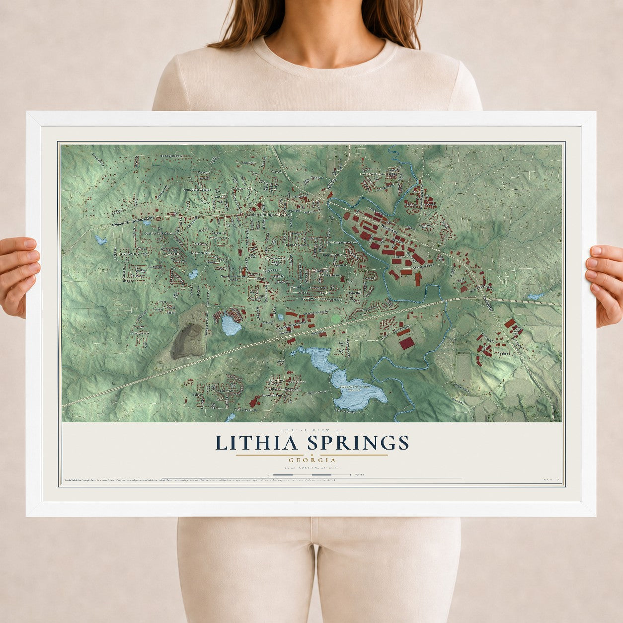 Lithia Springs, Georgia map print, 18" x 24" W/ White Ayous Wood Frame mockup