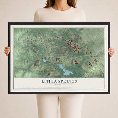 Lithia Springs, Georgia map print, 24" x 36" W/ Black Ayous Wood Frame mockup