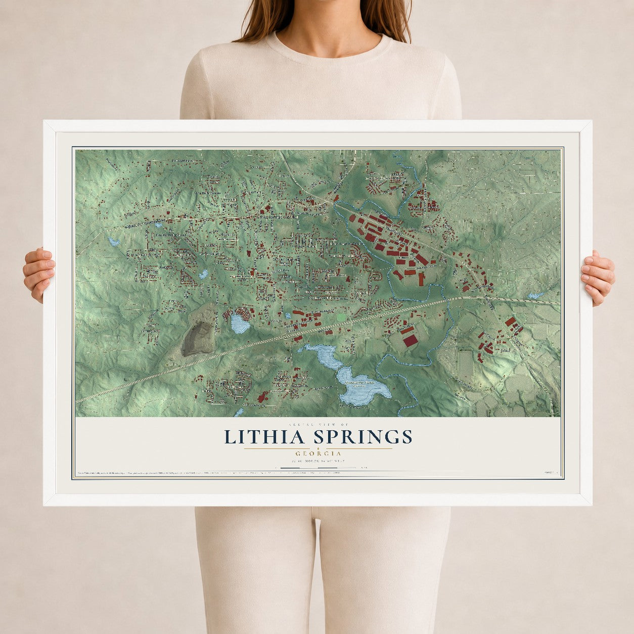 Lithia Springs, Georgia map print, 24" x 36" W/ White Ayous Wood Frame mockup