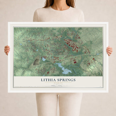 Lithia Springs, Georgia map print, 24" x 36" W/ White Ayous Wood Frame mockup