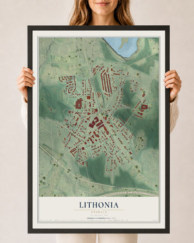 Lithonia, Georgia map print, 24" x 36" W/ Black Ayous Wood Frame mockup